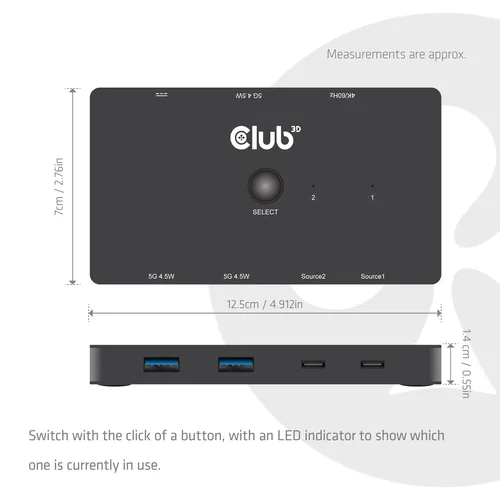 Club3D KVM Switch 4K60Hz 2x USB-C> HDMI3xUSBUSB-C 100W PD