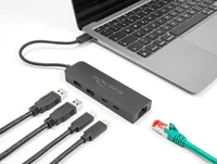 Delock USB-Hub USB A/USB C mit 2.5 Gigabit LAN - Stromversorgung: Per Datenkabel - Anzahl Ports: 5 - Detailfarbe: Schwarz - USB Standard: 3.0/3.1/3.2 Gen 1 (5 Gbps) - USB4 (10 Gbps) - USB Anschluss 2 (Endgerät): USB A - USB C - USB Anschluss 1 (Quelle): U