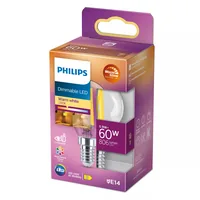 Philips Lampe LEDcla 60W E14 P45 CL WGD90 Warmweiss (WW) - Energieeffizienzklasse EnEV 2020: D - Lampensockel: E14 - Farbtemperatur Kelvin: 2200 bis 2700 K - Gesamtleistung: 5.9 W - Dimmbar: dimmbar - Zusätzliche Ausstattung: EyeComfort - WarmGlow