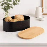 Relaxdays Brotkasten mit Schneidebrett bread box Oval Black, Natural Bamboo, Metal