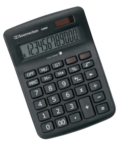 Soennecken Taschenrechner CS900, Schwarz - Stromversorgung: Solarbetrieb - Typ: Taschenrechner - Detailfarbe: Schwarz - Displaytyp: LCD - Anzahl Zeilen: 1 × - Anzahl Stellen: 12 ×