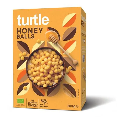 turtle Cerealien Bio Honey Balls 300 g - Produkttyp: Getreide - Nährwertangabe pro: 100 g - Energiegehalt (in kj): 1534 KJ - Energiegehalt (in kcal): 361 Kcal - Fett: 0.6 g - Gesättigte Fettsäuren: 0.1 g