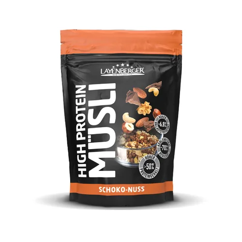 Layenberger Müesli 3K Protein Schoko-Nuss 390 g - Produkttyp: Schokolade - Nährwertangabe pro: 100 g - Energiegehalt (in kj): 1780 KJ - Energiegehalt (in kcal): 424 Kcal - Fett: 15.6 g - Gesättigte Fettsäuren: 3.5 g