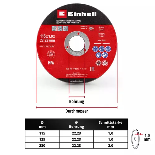 Einhell 5 Trennscheiben 115 mm - Zubehörtyp: Trennscheibe - Durchmesser: 115 mm - Für Material: Stahl - Edelstahl - Set: Ja