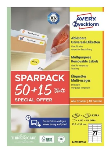 Avery Zweckform Universal-Etiketten L4737REV-65, 63.5 x 29.6 mm, 65 Blatt - Klebehaftung: Ablösbar - Drucker Kompatibilität: Inkjet - Laser - Anzahl Blatt: 65 × - Papierformat: A4 - Anzahl Etiketten: 1755 - Etikettengrösse: 63.5 x 29.6 mm