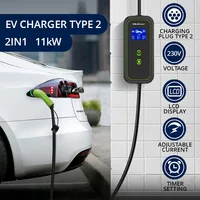 Qoltec Mobile EV Car Charger Adjustable 2in1 Type2 | 11kW | CEE 5 PIN | LCD | 3 phases | Portable | Wallbox | 5m