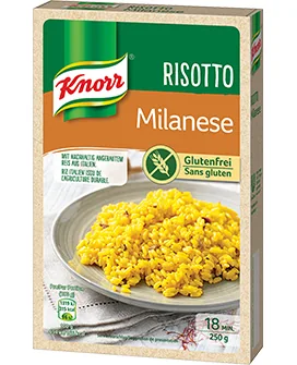 Knorr Risotto Milanese glutenfrei 250 g - Produkttyp: Risotto - Nährwertangabe pro: 100 g - Energiegehalt (in kj): 694 KJ - Energiegehalt (in kcal): 166 Kcal - Fett: 5 g - Gesättigte Fettsäuren: 3 g