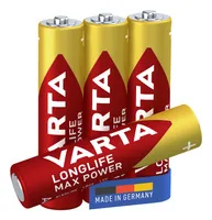 Varta Batterie Longlife Max Power AAA , 4 Stück - Bauform: AAA Batterien - Batterietyp: LR03 / AAA / Micro / 4003 / 4103 / 4703 / 4903 / 8003 / 824 / LR03EE / AM4 / Size S / MN2400 / ID2400 / E92 / LR03N / 24A / K3A / R03 / 7526 / UM4 / Ministilo - Chemis