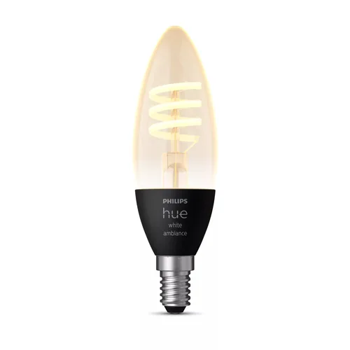 Philips Hue Leuchtmittel White Amb. Filament E14 Einzelpack - Lampensockel: E14 - Farbtemperatur Kelvin: 2200 bis 4500 K - Aussenanwendung: Nein - Gesamtleistung: 4.6 W - Leuchten Kategorie: Leuchtmittel - Lichtfarbe: Neutralweiss (NW) - Warmweiss (WW)