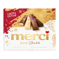 Storck Pralinen Merci Finest Selection Winter Chocolate 250 g - Produkttyp: Assortiert - Nährwertangabe pro: 100 g - Energiegehalt (in kj): 2371 KJ - Energiegehalt (in kcal): 569 Kcal - Fett: 37.2 g - Gesättigte Fettsäuren: 21.4 g