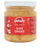 Saitaku Sushi Ginger 110 g - Produkttyp: Sushizubehör - Nährwertangabe pro: 100 g - Energiegehalt (in kj): 26 KJ - Energiegehalt (in kcal): 6 Kcal - Fett: 0 g - Gesättigte Fettsäuren: 0 g