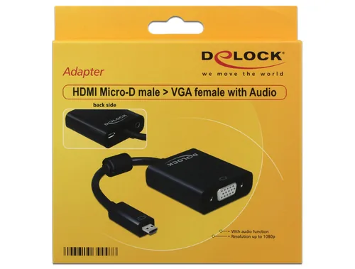 Delock Adapterkabel Micro-HDMI – VGA mit Audio - Kabeltyp: Adapterkabel - Videoanschluss Seite A: Micro-HDMI (HDMI-D) - Videoanschluss Seite B: VGA