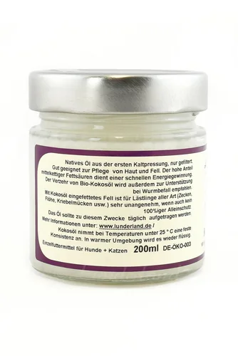 Lunderland Hunde-Nahrungsergänzung Bio-Kokosöl, 200 g - Nahrungsergänzungstyp: Flüssig - Tierbedürfnis: Haut & Fell - Zertifikate: EU BIO - Packungsgrösse: 200 g - Produkttyp: Ergänzungsfutter - Cannabinoide: Keine