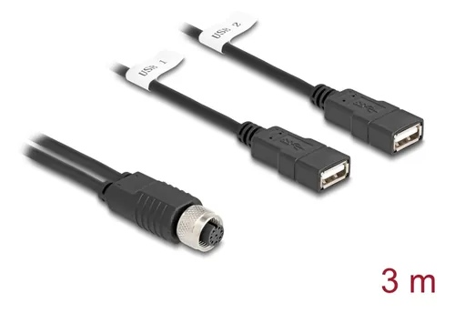 Delock M12 Kabel A-kodiert 8 Pin Buchse zu 2 x USB 2.0 Typ-A Buchse 3 m schwarz