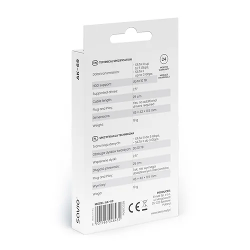 SAVIO AK-69 Adapter USB-C 3.1 Gen 1 (M) - SATA (F) for 2.5 drives