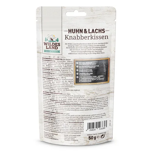 Wildes Land Katzen-Snack Knabberkissen Huhn und Lachs 50 g - Snackart: Leckerli - Tierbedürfnis: Kein besonderes Bedürfnis - Packungsgrösse: 50 g - Produkttyp: Ergänzungsfutter - Fleischsorte: Huhn - Lachs - Tierart: Katze