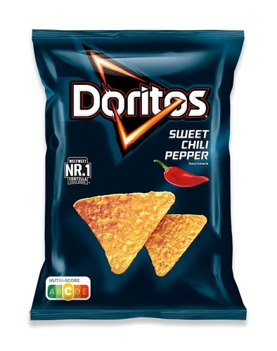 Doritos Chips Sweet Chili Pepper 110 g - Produkttyp: Paprika & Scharfe Chips - Nährwertangabe pro: 100 g - Energiegehalt (in kj): 2086 KJ - Energiegehalt (in kcal): 499 Kcal - Fett: 25 g - Gesättigte Fettsäuren: 2.7 g