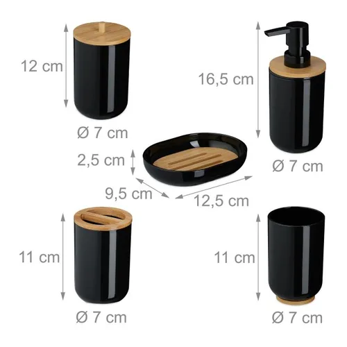 relaxdays Badezimmer-Set 7-teilig, Schwarz - Befestigung: Keine - Material: Kunststoff - Bambus - Farbe: Schwarz - Wandmontage: Nein