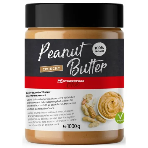 PowerFood Erdnussbutter 1 kg - Produkttyp: Nusscremen - Nährwertangabe pro: 100 g - Energiegehalt (in kj): 2345 KJ - Energiegehalt (in kcal): 560 Kcal - Fett: 46.1 g - Davon gesättigte Fettsäuren: 6.1 g