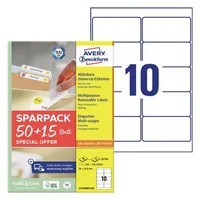 Avery Zweckform Universal-Etiketten L4744REV-65, 96 x 50.8 mm, 65 Blatt - Klebehaftung: Ablösbar - Drucker Kompatibilität: Inkjet - Laser - Anzahl Blatt: 65 × - Papierformat: A4 - Anzahl Etiketten: 650 - Etikettengrösse: 96 x 50.8 mm