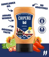 Chipeno Sauce Original 300 ml - Produkttyp: Grill-Saucen - Nährwertangabe pro: 100 ml - Energiegehalt (in kj): 2266 KJ - Energiegehalt (in kcal): 541 Kcal - Fett: 54.7 g - Davon gesättigte Fettsäuren: 5.8 g