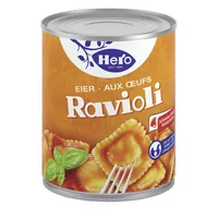 Hero Dose Eier Ravioli 6 x 870 g - Produkttyp: Pastagerichte - Nährwertangabe pro: 100 g - Energiegehalt (in kj): 361 KJ - Energiegehalt (in kcal): 86 Kcal - Fett: 2.4 g - Gesättigte Fettsäuren: 0.7 g