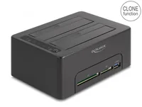 Delock Docking- und Klonstation USB-C – 2 x SATA HDD/SSD - Card Reader: SD - Datenanschluss Seite A: USB 3.0 - Stromversorgung: Externes Netzteil - Detailfarbe: Schwarz - Speicherschnittstelle: SATA III (6Gb/s) - Festplatten Formfaktor: 3.5 - 2.5