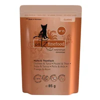 catz finefood Nassfutter No.25 Huhn & Thunfisch, 85 g - Tierbedürfnis: Verdauung - Magen & Darm - Geschmacksrichtung: Fisch - Geflügel - Zertifikate: Keine Zertifizierung - Fleischsorte: Thunfisch - Huhn - Packungsgrösse: 85 g - Futtereigenschaft: Getreid