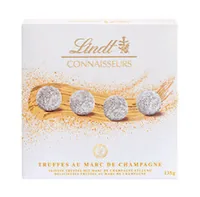 Lindt Schokolade Connaisseurs Truffes Marc de Champagne 135 g - Produkttyp: Alkohol - Nährwertangabe pro: 100 g - Energiegehalt (in kj): 2225 KJ - Energiegehalt (in kcal): 534 Kcal - Fett: 33 g - Gesättigte Fettsäuren: 20 g