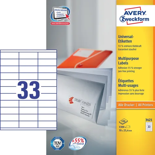 Avery Zweckform Universal-Etiketten 3421 70 x 25.4 mm, 100 Blatt - Klebehaftung: Permanent - Drucker Kompatibilität: Inkjet - Laser - Anzahl Blatt: 100 × - Papierformat: A4 - Anzahl Etiketten: 3300 - Etikettentyp: Universal-Etiketten