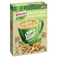 Knorr Quick Soup Erbs mit Croûtons 3 Portionen - Produkttyp: Instantsuppen - Nährwertangabe pro: 100 ml - Energiegehalt (in kj): 229 KJ - Energiegehalt (in kcal): 55 Kcal - Fett: 1.7 g - Gesättigte Fettsäuren: 0.8 g