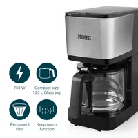 Princess Filterkaffeemaschine Compact 12 Schwarz/Silber - Detailfarbe: Schwarz - Silber - Anzahl Tassen: 12 - Ausstattung: Anti-Rutsch-Füsse - Anti-Tropfsystem - Herausnehmbarer Filter - Kaffeekannenfunktion