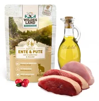 Wildes Land Nassfutter Adult Ente und Pute 100 g - Tierbedürfnis: Kein besonderes Bedürfnis - Lebensphase: Adult (1-7 Jahre) - Produkttyp: Alleinfutter - Packungsgrösse: 100 g - Fleischsorte: Ente - Pute - Tierart: Katze