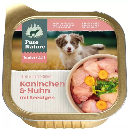 Pure Nature Nassfutter Junior Kaninchen&Huhn, 150 g - Tierbedürfnis: Wachstum & Trächtigkeit - Geschmacksrichtung: Kaninchen - Geflügel - Zertifikate: Keine Zertifizierung - Fleischsorte: Kaninchen - Huhn - Packungsgrösse: 150 g - Futtereigenschaft: Getre