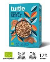 turtle Puffed Spelt Honey 300 g - Produkttyp: Cerealien ohne Schokolade - Nährwertangabe pro: 100 g - Energiegehalt (in kj): 1601 KJ - Energiegehalt (in kcal): 378 Kcal - Fett: 1.7 g - Gesättigte Fettsäuren: 0.3 g