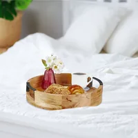relaxdays Serviertablett Mangoholz Natur, Schwarz, 35 cm - Material: Holz - Eisen - Detailfarbe: Hellbraun - Schwarz - Motiv: Kein