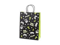 Partydeco Geschenktasche Game 10 x 24 x 32 cm - Material: Papier - Verpackungseinheit: 1 Stück - Motiv: Auto - Detailfarbe: Neongelb - Weiss - Schwarz - Verpackungsart: Geschenktasche