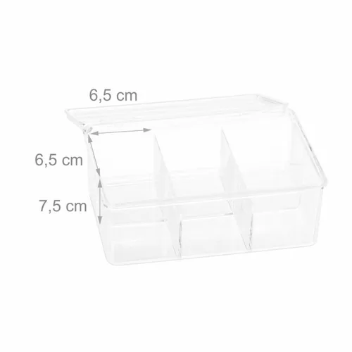 relaxdays Teebeutel-Box Transparent - Detailfarbe: Transparent - Anzahl Fächer: 6 × - Teeform: Teebeutel - Material: Kunststoff
