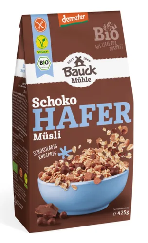 Bauck Mühle Müesli Hafer Schoko 425 g - Produkttyp: Schokolade - Nährwertangabe pro: 100 g - Energiegehalt (in kj): 1634 KJ - Energiegehalt (in kcal): 388 Kcal - Fett: 8.8 g - Davon gesättigte Fettsäuren: 3.3 g