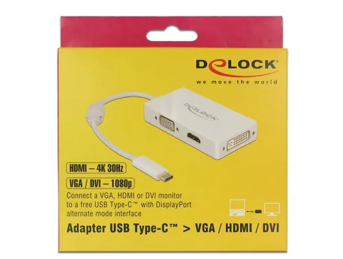 Delock Multiadapter 63924   USB-C - DVI-D/HDMI/VGA - Kabeltyp: Adapter - Videoanschluss Seite A: USB Type-C - Videoanschluss Seite B: HDMI - DVI-D - VGA