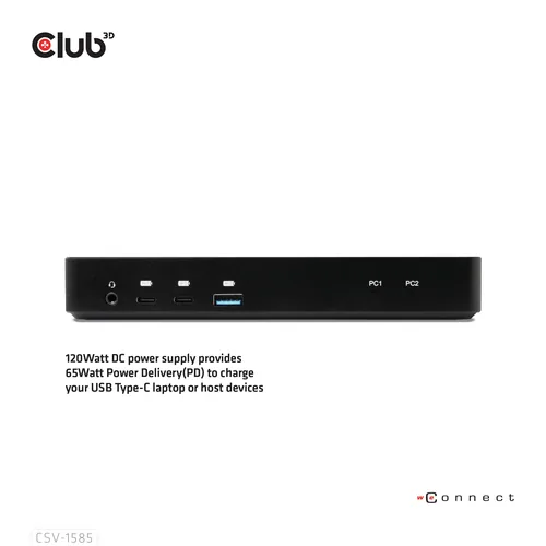 Club 3D Dockingstation CSV-1585 DisplayPort/HDMI KVM - Ladefunktion: Ja - Dockinganschluss: USB-C - Kompatible Hersteller: Universal - Vesa-Bohrung vorhanden: Nein