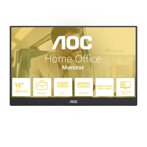 AOC Monitor 16T20E2 - Bildschirmdiagonale in Zoll: 15.6  - Auflösung: 1920 x 1080 (Full HD) - Video-Anschlüsse: Mini-HDMI - USB Typ-C - Anwendungsbereich: Business - Ergonomie: Neigbar - Curved: Nein