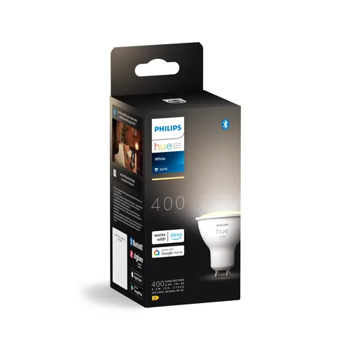 Philips Hue White GU10 Einzelpack - Energieeffizienzklasse: E - Lampensockel: GU10 - Protokoll: Bluetooth - ZigBee - Smart Home: Kompatibel - Farbtemperatur Kelvin: 2700 K - Gesamtleistung: 4.2 W
