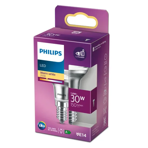 Philips Lampe LEDcla 30W E14 R39 WW ND 36D Warmweiss (WW) - Energieeffizienzklasse EnEV 2020: F - Lampensockel: E14 - Farbtemperatur Kelvin: 2700 K - Gesamtleistung: 1.8 W - Dimmbar: nicht dimmbar - Zusätzliche Ausstattung: EyeComfort