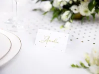Partydeco Tischkarte Punkte 9.5 x 5.5 cm, 10 Stück, Weiss/Gold - Papierformat: 9.5 x 5.5 cm - Motiv: Hochzeit - Verpackungseinheit: 10 Stück - Detailfarbe: Gold - Weiss - Inkl. Couvert: Nein