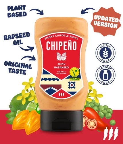Chipeno Sauce Spicy Habanero 300 ml - Produkttyp: Chilisauce - Nährwertangabe pro: 100 ml - Energiegehalt (in kj): 2257 KJ - Energiegehalt (in kcal): 539 Kcal - Fett: 40.8 g - Davon gesättigte Fettsäuren: 3.2 g