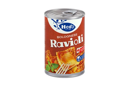 Hero Dose Ravioli Bolognese 430 g - Produkttyp: Pastagerichte - Nährwertangabe pro: 100 g - Energiegehalt (in kj): 380 KJ - Energiegehalt (in kcal): 90 Kcal - Fett: 2.6 g - Gesättigte Fettsäuren: 0.8 g