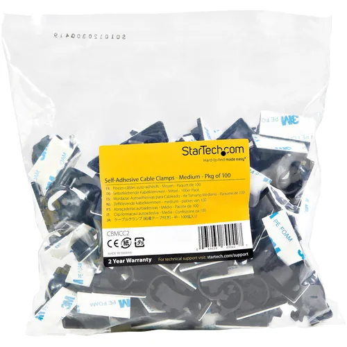 StarTech.com 100 Selbstklebende Kabelklemmen Mittel - PC Kabelmanagement/Kabelhalterung - Kabel Organisator - Netzwerk/USB/Ethernet Kabelclips - Nylonklemme UL/94V-2 Brandklasse - Schwarz (CBMCC2)