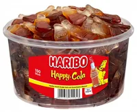Haribo Gummibonbons Happy Cola Dose 1200 g - Produkttyp: Gummibonbons - Nährwertangabe pro: 100 g - Energiegehalt (in kj): 1459 KJ - Energiegehalt (in kcal): 343 Kcal - Fett: 0.5 g - Davon gesättigte Fettsäuren: 0.1 g
