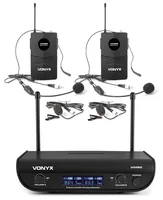 Vonyx WM82B Set - Wandlerprinzip: Dynamisch - Richtcharakteristik: Niere - Bauweise: Empfänger - Headset - Taschensender - Lavalier - Anschlüsse: XLR - 6.3 mm Klinke - Signalverarbeitung: Digital - Betriebsart: Netzbetrieb
